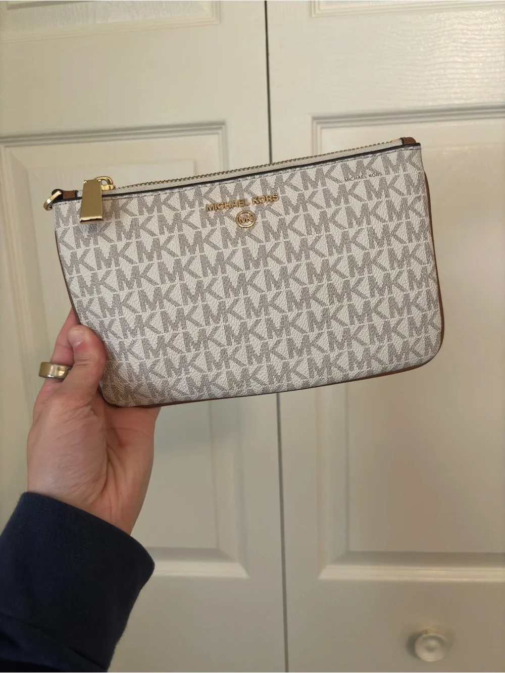 Michael Kors Beige/Light Taupe MK Logo Pouch with Gold Hardware